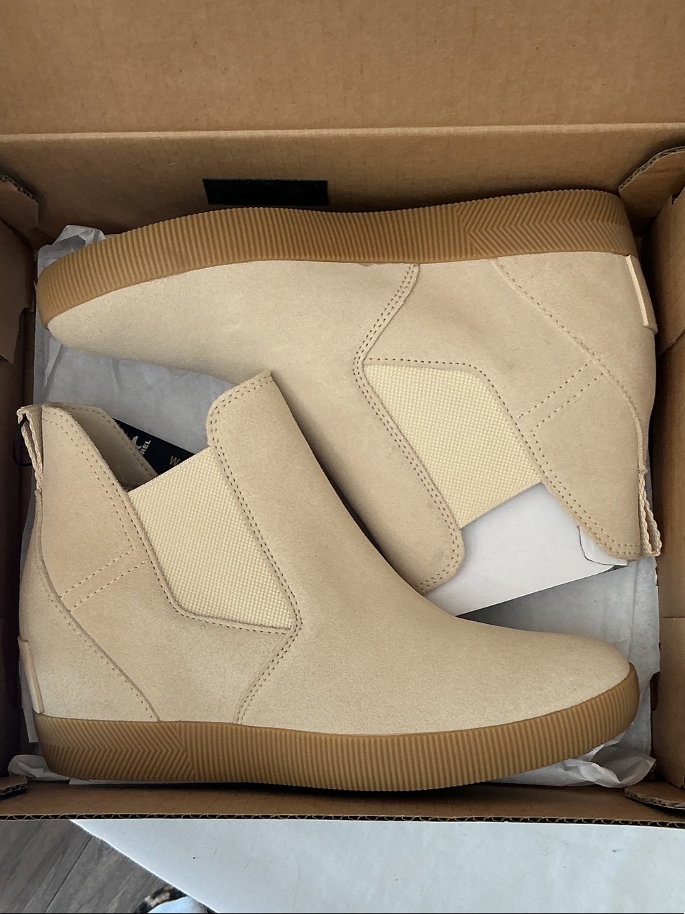 Sorel Beige/Tan Slip-On Wedge Ankle Boots